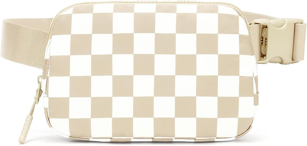 Beige Checkered Waist Bag – Waterproof Nylon Crossbody Fanny Pack with Multiple Pockets for Travel, Sports & Daily Use