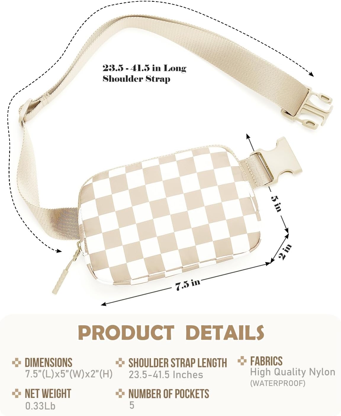 Beige Checkered Waist Bag – Waterproof Nylon Crossbody Fanny Pack with Multiple Pockets for Travel, Sports & Daily Use