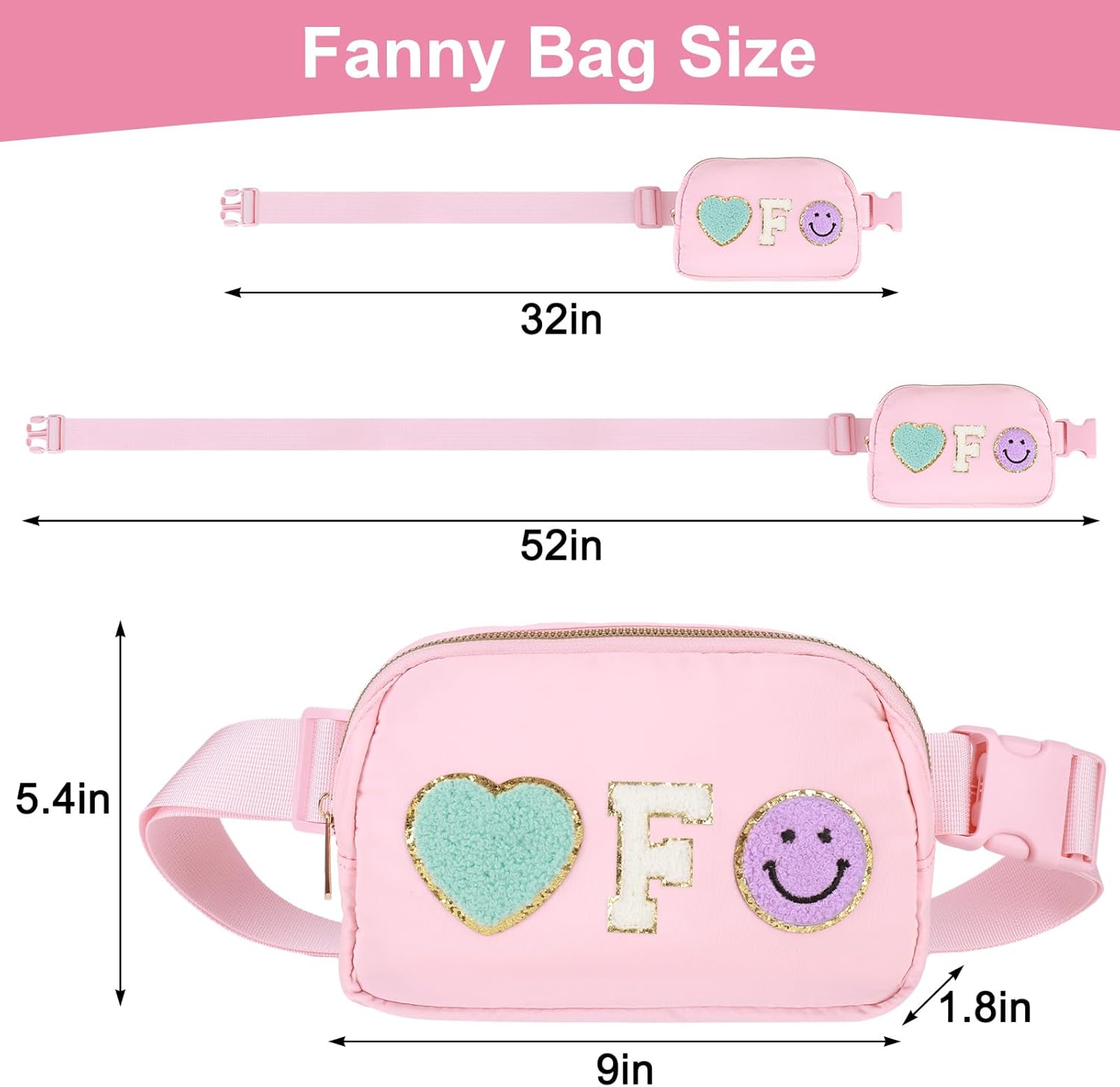 Cute Pink Heart & Smiley Face Embroidered Fanny Pack – Lightweight Waterproof Waist Bag with Adjustable Strap for Women & Girls
