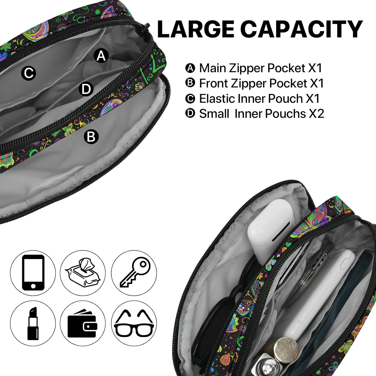 Colorful Butterfly Print Waist Bag – Waterproof Crossbody Fanny Pack with Multiple Pockets for Travel, Sports & Daily Use