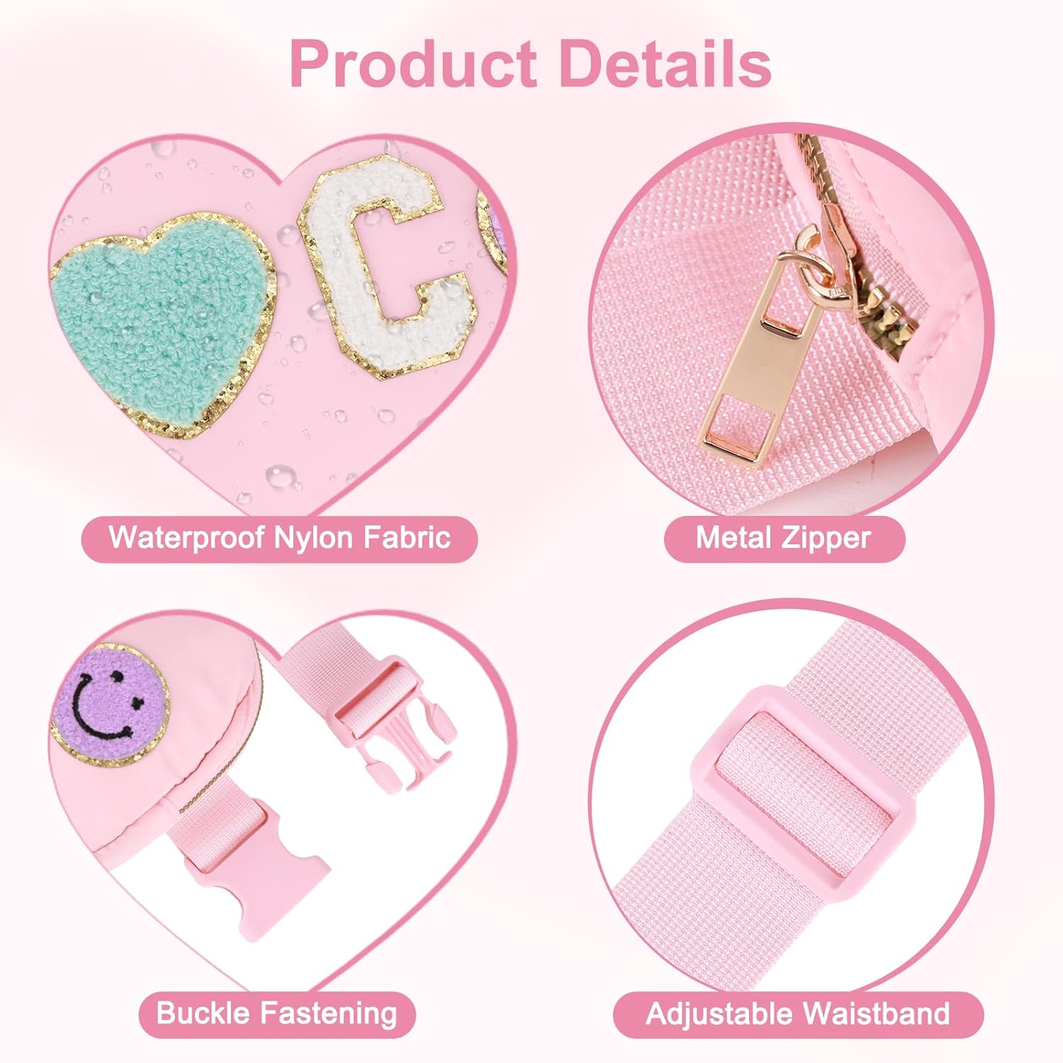 Cute Pink Heart & Smiley Face Embroidered Fanny Pack – Lightweight Waterproof Waist Bag with Adjustable Strap for Women & Girls