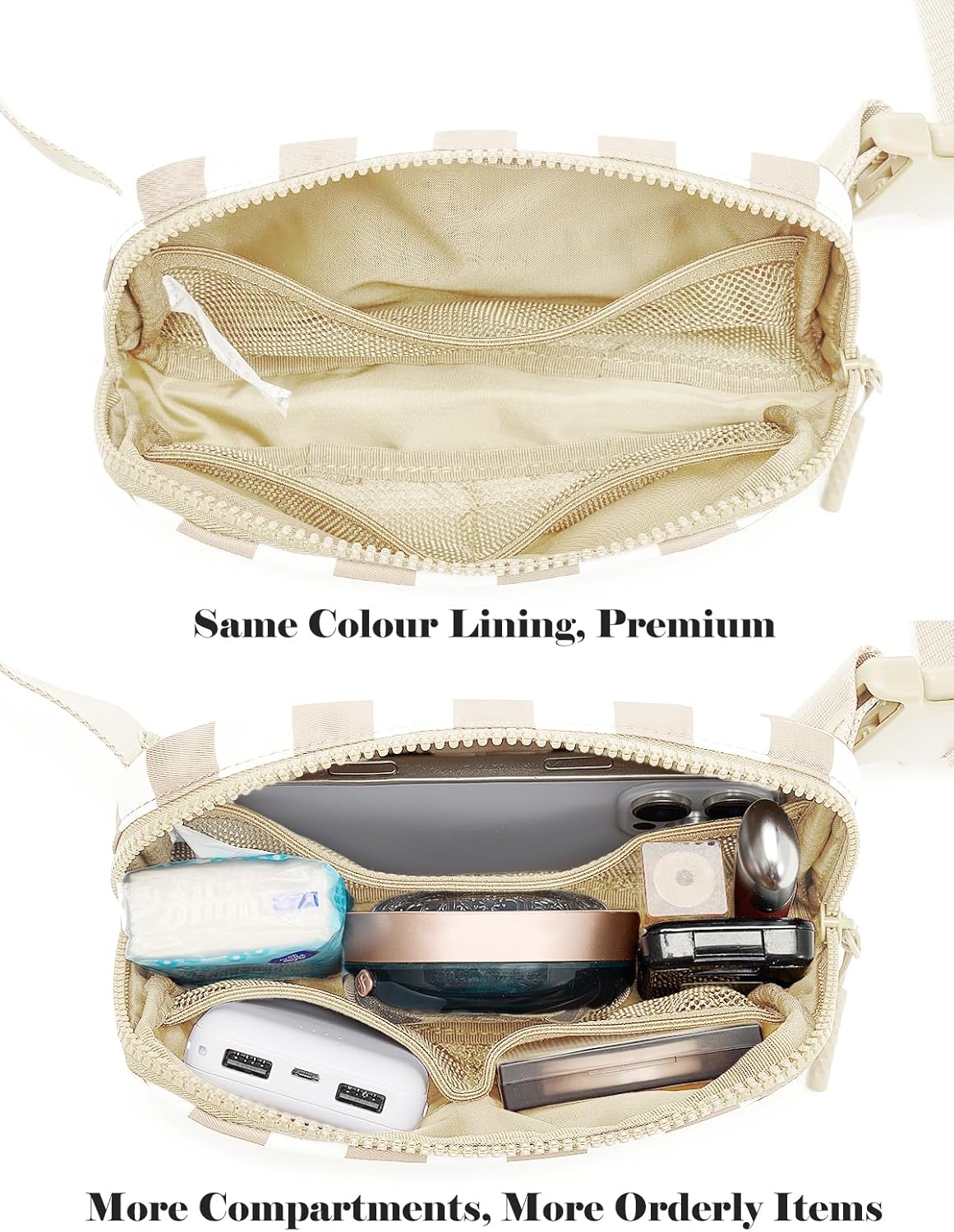 Beige Checkered Waist Bag – Waterproof Nylon Crossbody Fanny Pack with Multiple Pockets for Travel, Sports & Daily Use