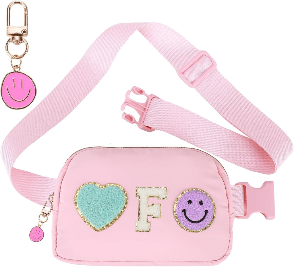 Cute Pink Heart & Smiley Face Embroidered Fanny Pack – Lightweight Waterproof Waist Bag with Adjustable Strap for Women & Girls