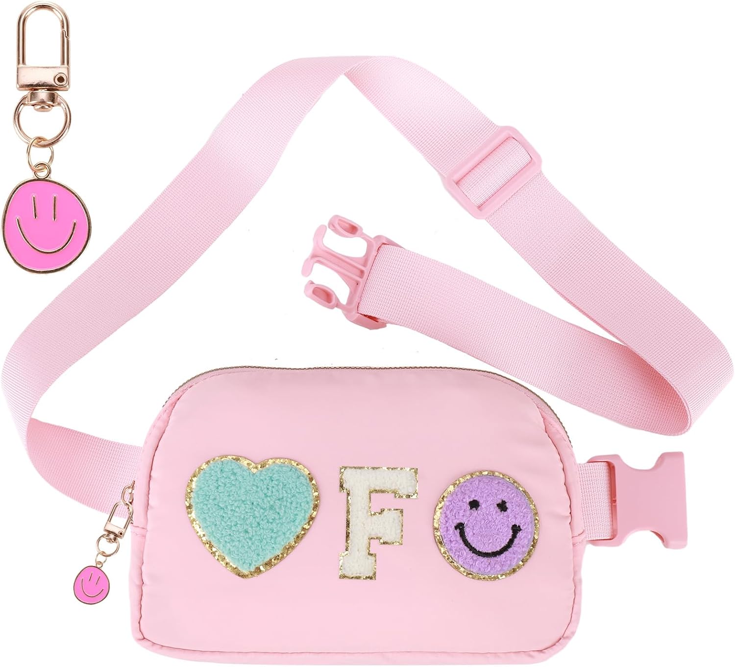 Cute Pink Heart & Smiley Face Embroidered Fanny Pack – Lightweight Waterproof Waist Bag with Adjustable Strap for Women & Girls