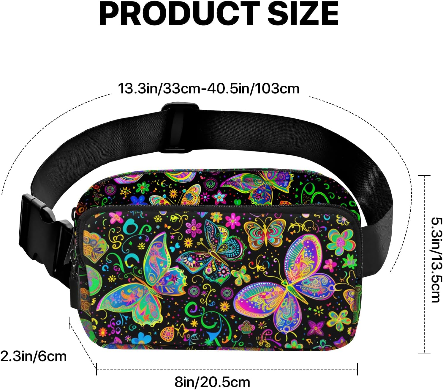 Colorful Butterfly Print Waist Bag – Waterproof Crossbody Fanny Pack with Multiple Pockets for Travel, Sports & Daily Use