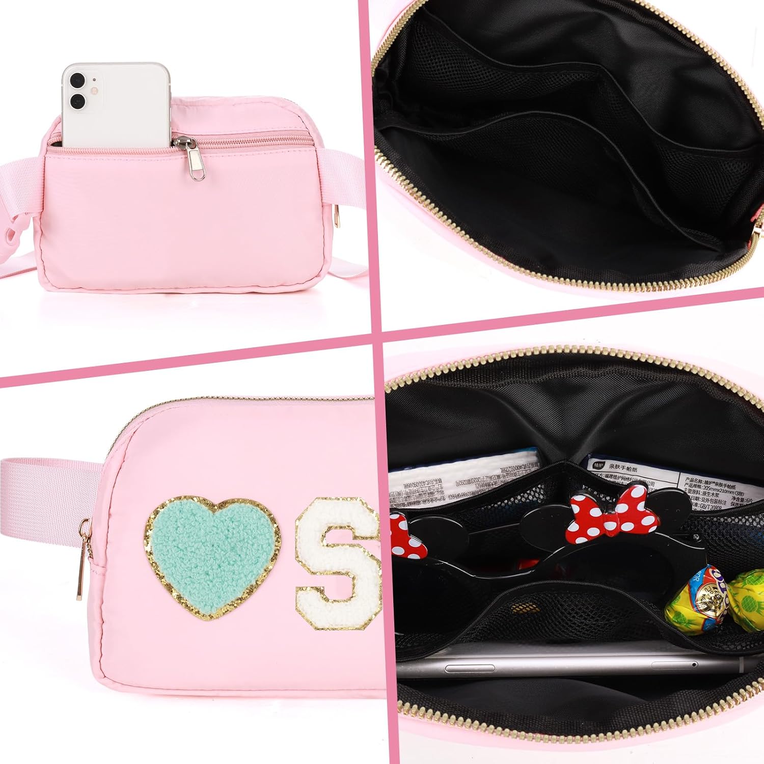 Cute Pink Heart & Smiley Face Embroidered Fanny Pack – Lightweight Waterproof Waist Bag with Adjustable Strap for Women & Girls