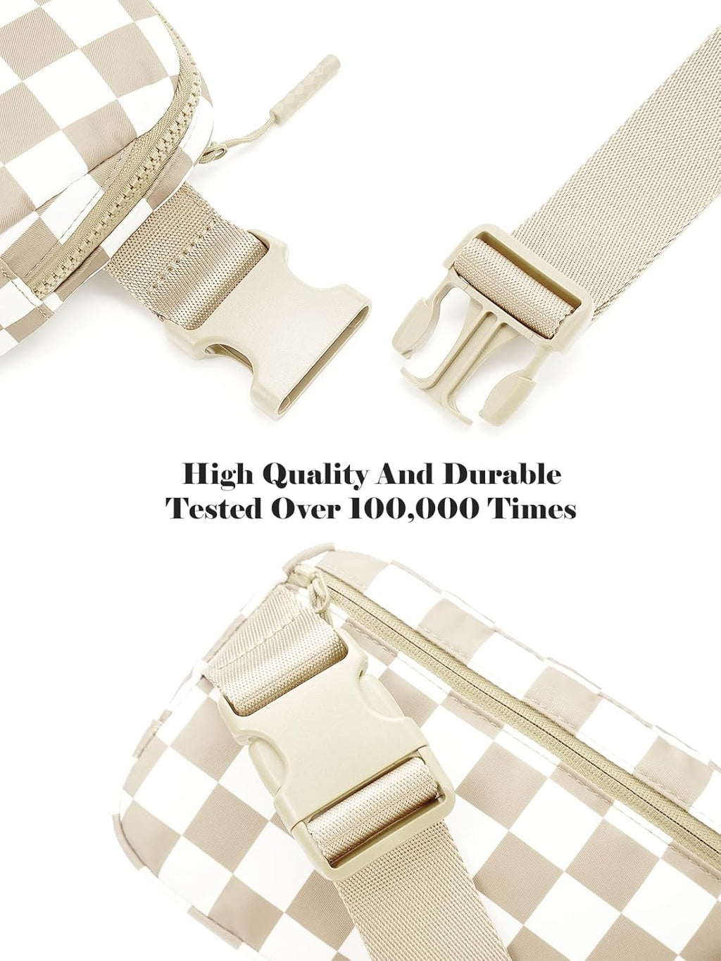 Beige Checkered Waist Bag – Waterproof Nylon Crossbody Fanny Pack with Multiple Pockets for Travel, Sports & Daily Use