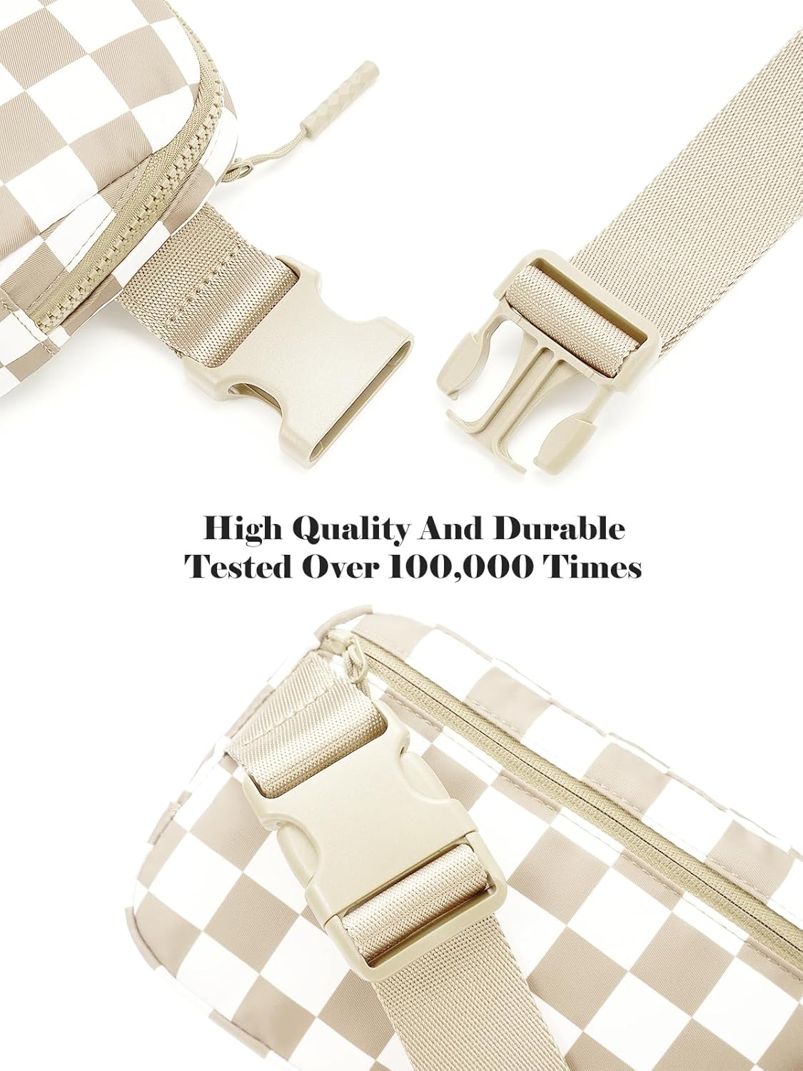 Beige Checkered Waist Bag – Waterproof Nylon Crossbody Fanny Pack with Multiple Pockets for Travel, Sports & Daily Use