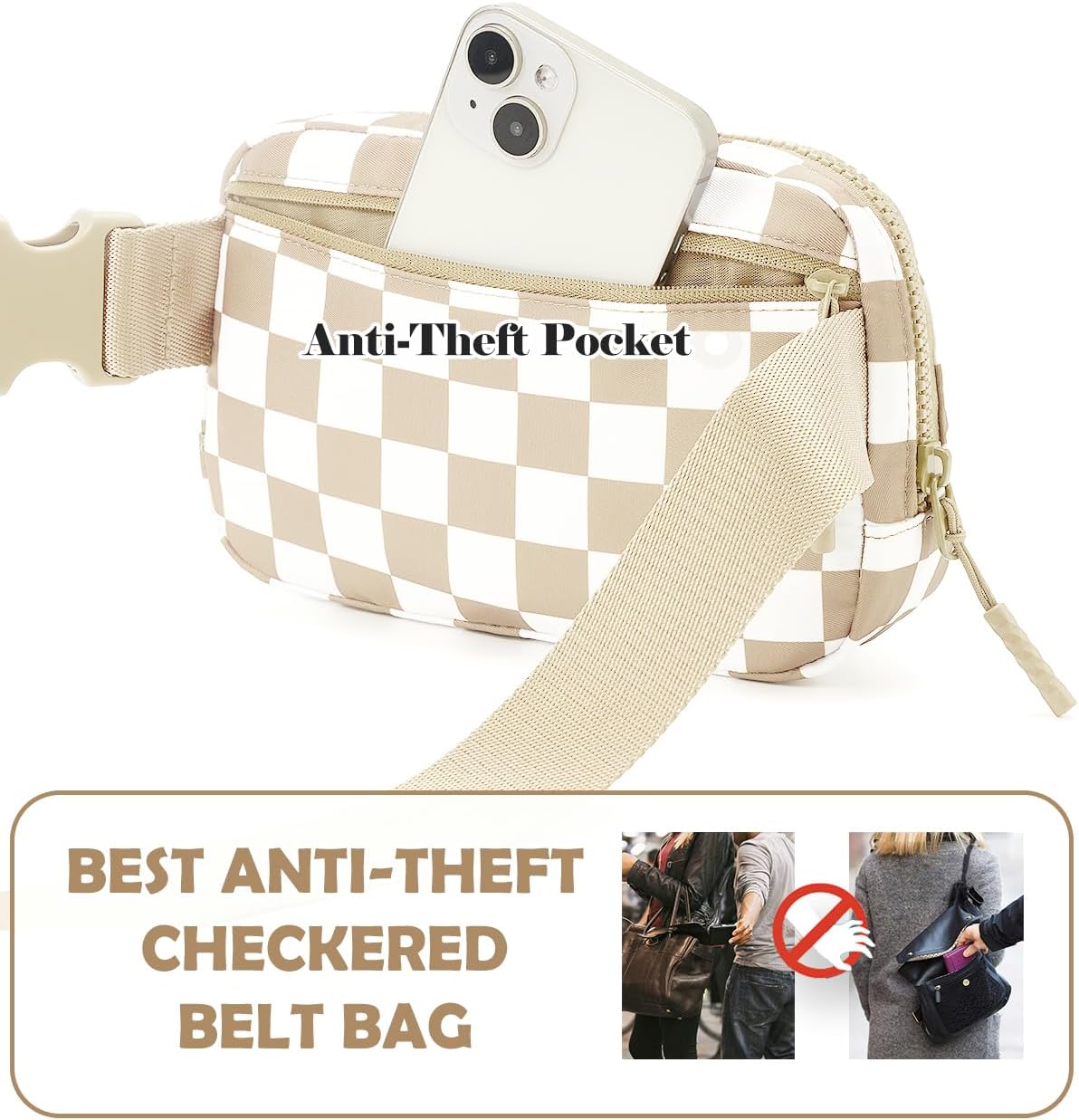 Beige Checkered Waist Bag – Waterproof Nylon Crossbody Fanny Pack with Multiple Pockets for Travel, Sports & Daily Use