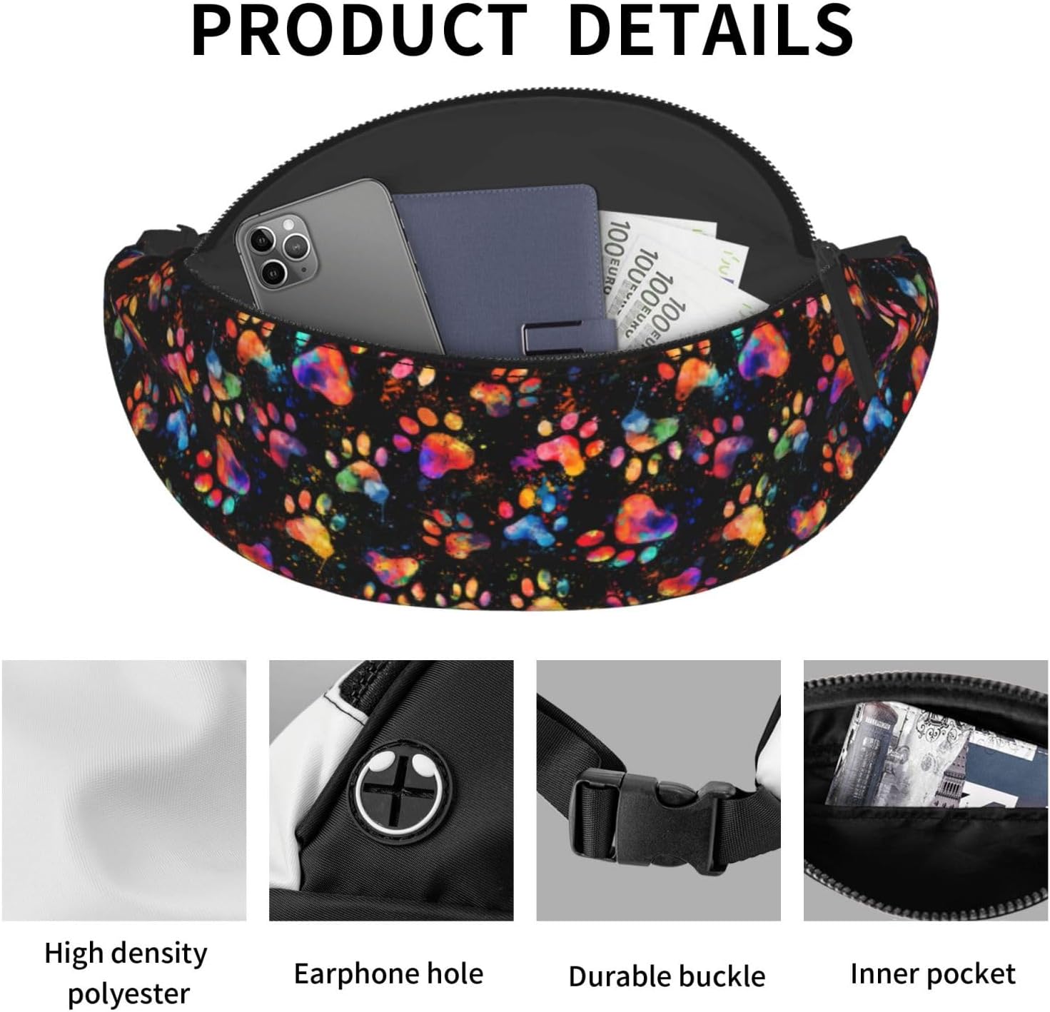 Colorful Paw Print Waist Bag – Stylish Lightweight Fanny Pack for Sports, Travel, Hiking & Casual Wear