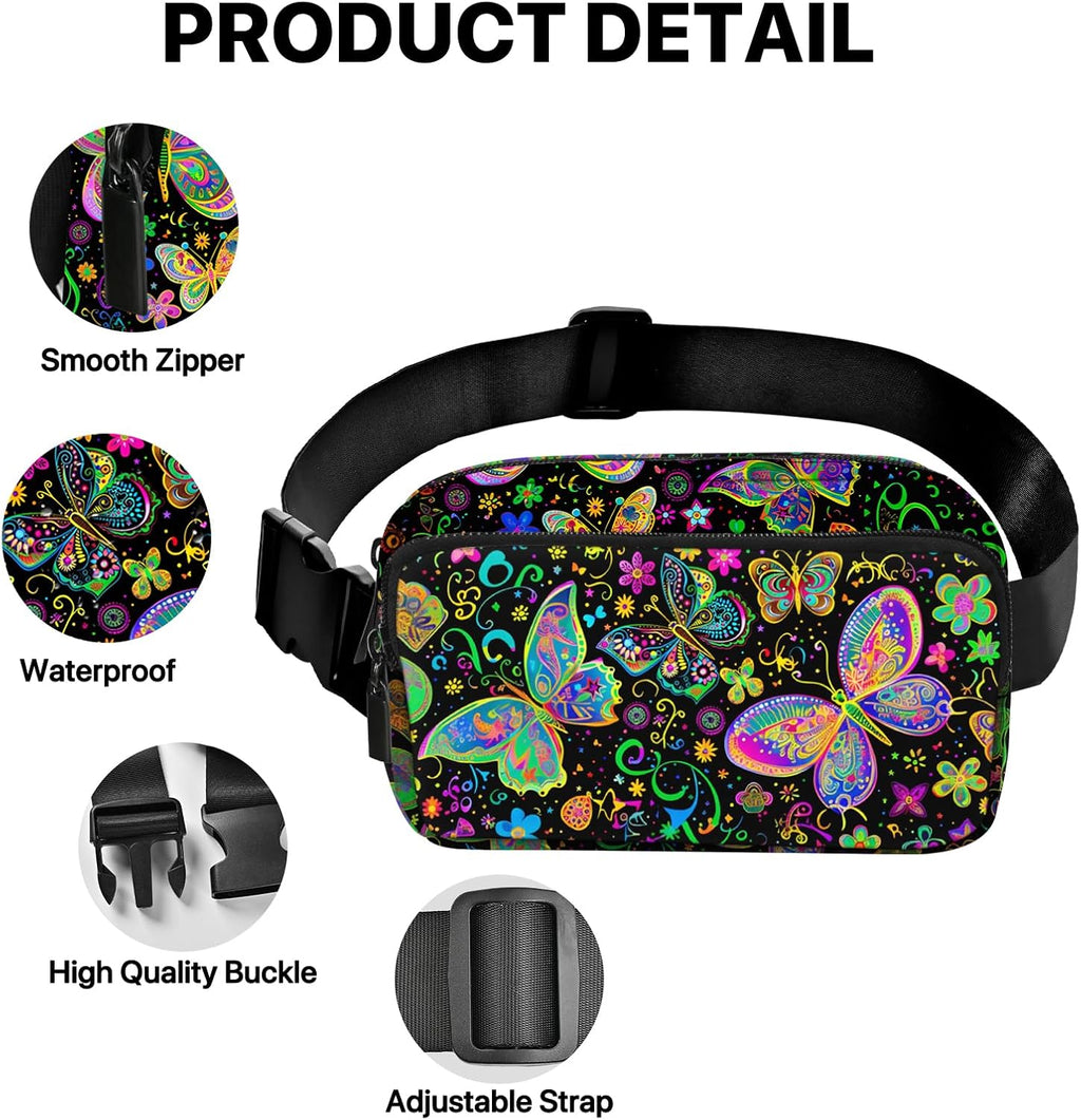Colorful Butterfly Print Waist Bag – Waterproof Crossbody Fanny Pack with Multiple Pockets for Travel, Sports & Daily Use