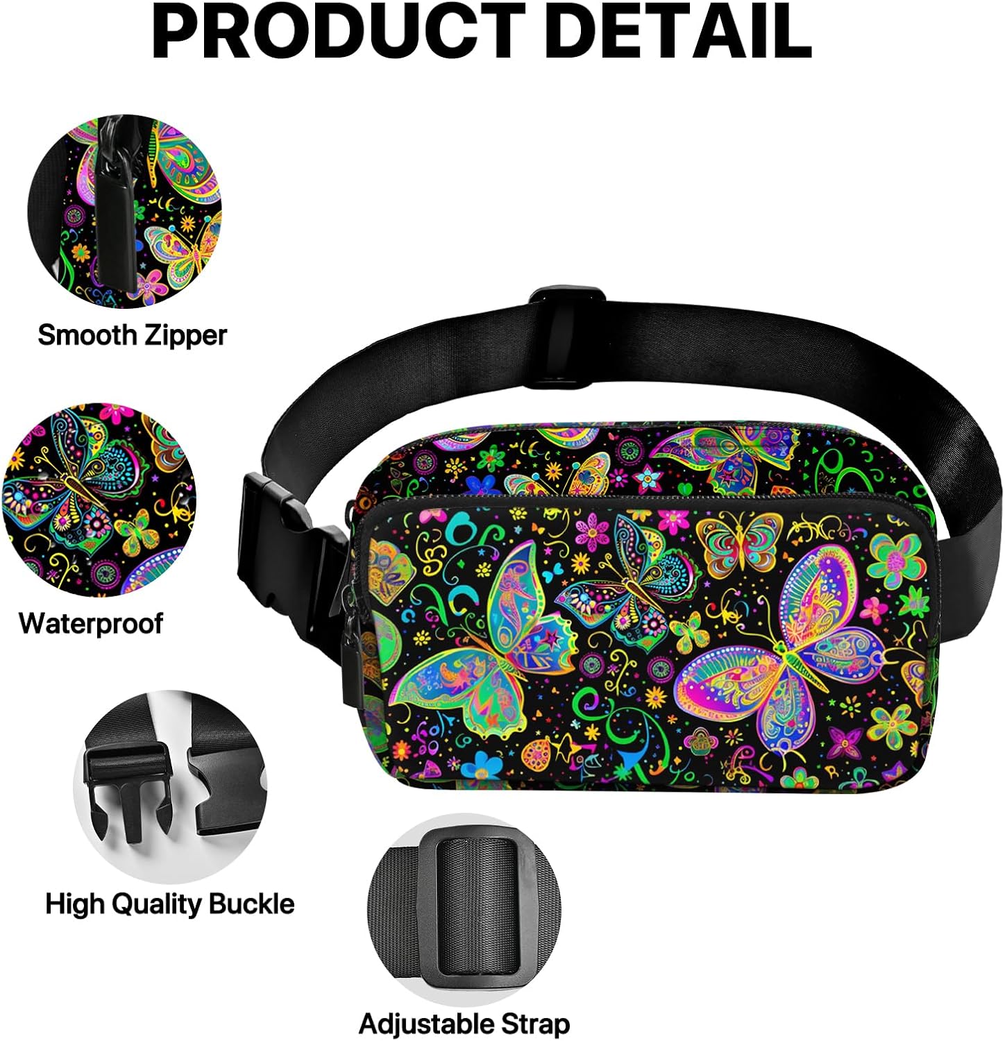Colorful Butterfly Print Waist Bag – Waterproof Crossbody Fanny Pack with Multiple Pockets for Travel, Sports & Daily Use