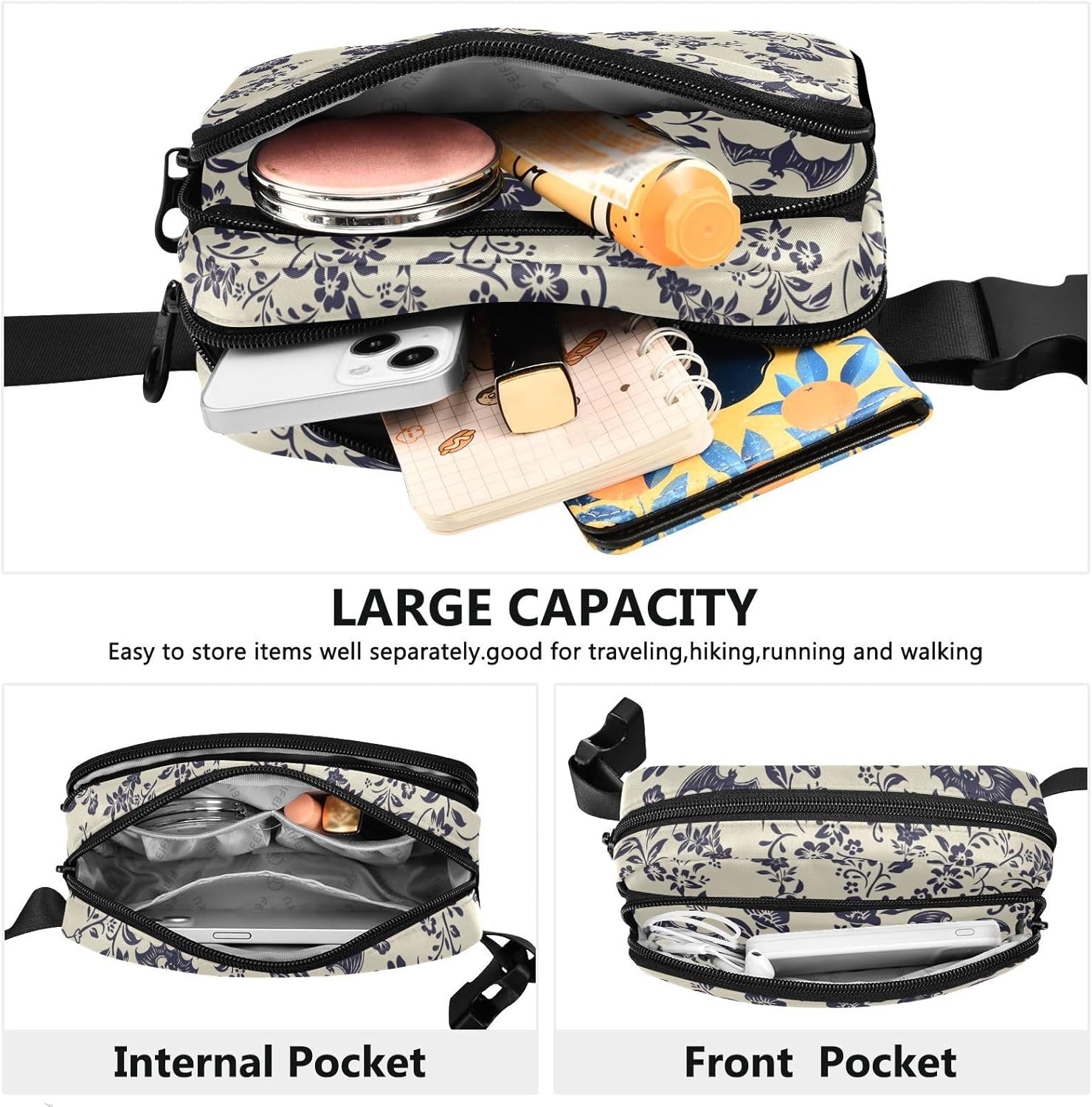 Vintage Floral Waist Bag – Lightweight Crossbody Fanny Pack for Travel, Sports, Hiking & Daily Use